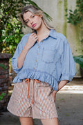 Ruffled Hem Button Down Denim Top