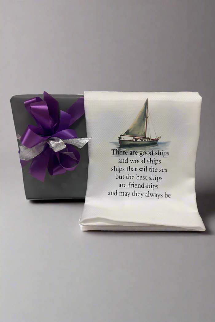 'Ships' Dish Towel with wrapped gift