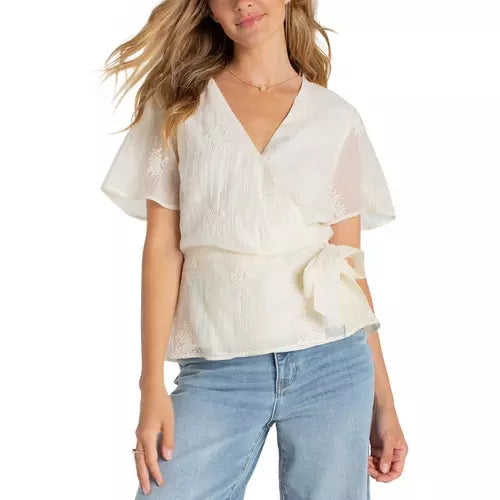 Short Sleeve Wrap Front Woven Top w/ Tie — Liverpool