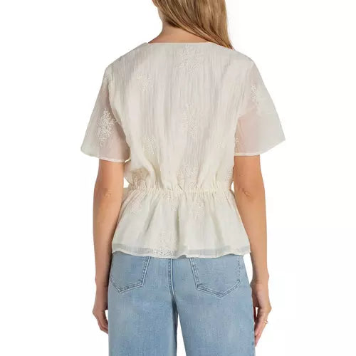 Short Sleeve Wrap Front Woven Top w/ Tie — Liverpool, view 2
