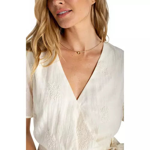 Short Sleeve Wrap Front Woven Top w/ Tie — Liverpool, view 4