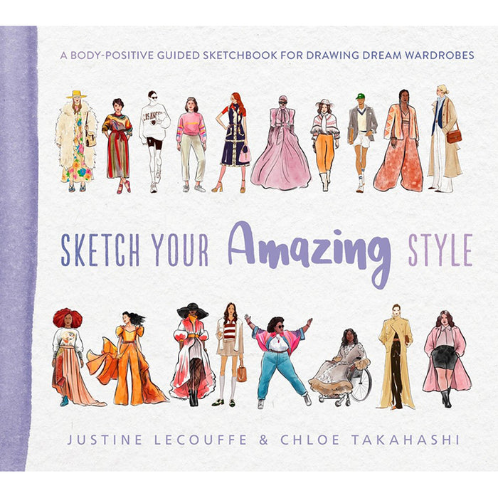 Cover of 'Sketch Your Amazing Style', featuring a collection of diverse illustrated fashion figures in various outfits.