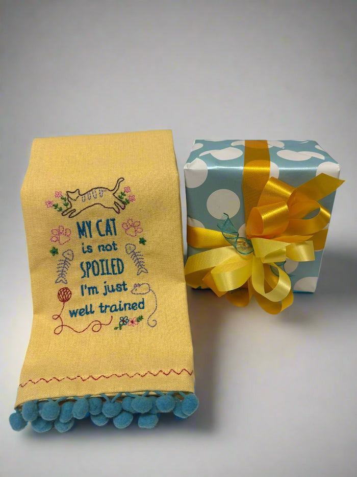 'Spoiled Cat' Tea Towel with wrapped gift
