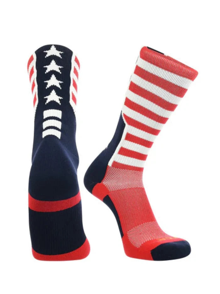 Two pairs of socks with American flag design on a white background