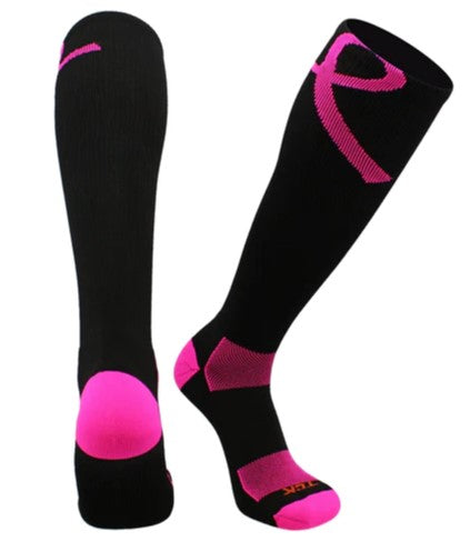 Pink Ribbon Breast Cancer Awareness Socks - Over-the-Calf (LBC03) | Size Small Color Black / Hot Pink