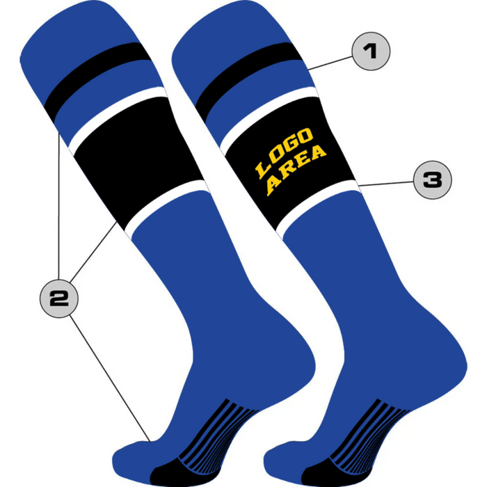 Blue socks with black and white stripes and a logo area labeled on a white background