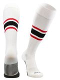 White baseball sock with black thick tripe and scarlet red thin stripes