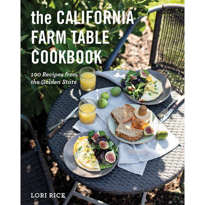 The cover of the California Farm Table Cookbook featuring a photograph of a meal on a table with the author's name, Lori Rice, at the bottom.