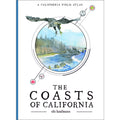 Book cover of 'The Coasts of California: A California Field Atlas' featuring an illustration of a bird in flight with a scenic view of a coastal landscape in the background.