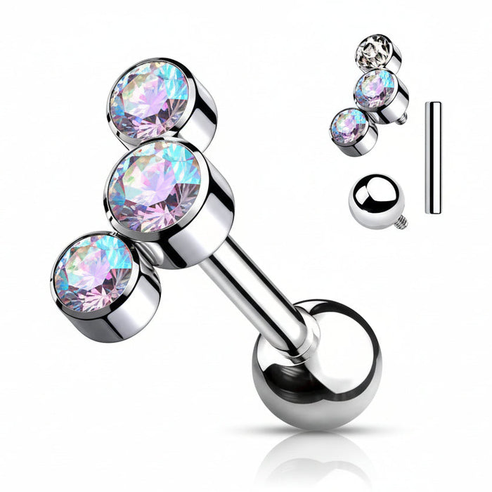 Titanium Triple Gem Cartilage Bar 16G