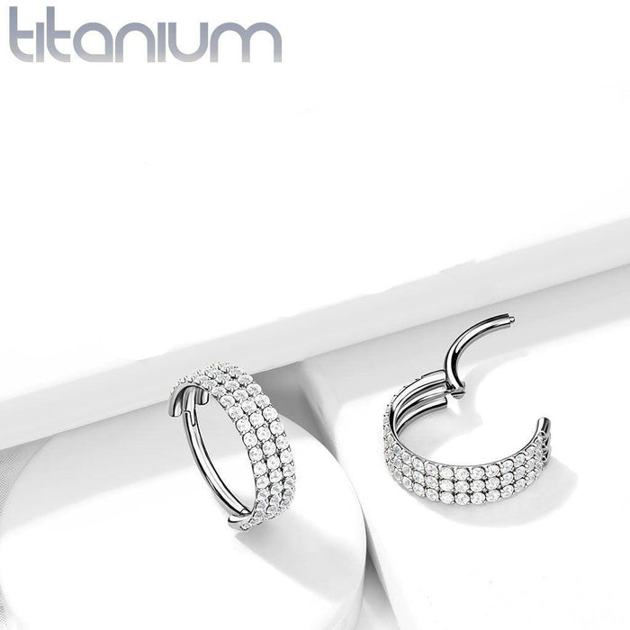 Titanium Triple Side Paved Hinged Ring 16G