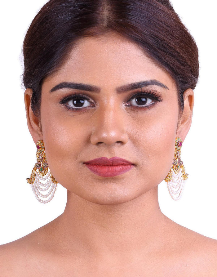 Traditional Chand Bali Pearls With Multi-Color Semi Precious Stone