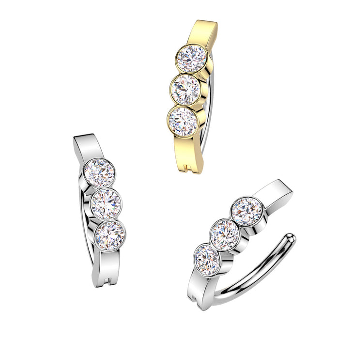 Triple Gem Hinged Belly Bar in Gold and Silver – 316L Surgical Steel with Triple CZ Gems