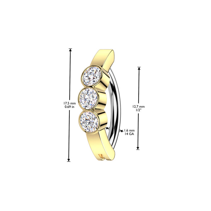 Triple Gem Hinged Belly Bar in Gold with measurements – 316L Surgical Steel with Triple CZ Gems
