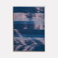 The artwork "Untitled 156" features an abstract composition with horizontal streaks and blurred patterns in shades of deep blue and soft pink, creating a textured, layered effect. The piece emphasizes fluidity and movement on a rectangular canvas. By Victoria Manganiello.