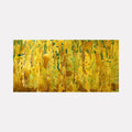 The artwork "Village in a Tree" features an abstract composition dominated by dripping golden yellow and green hues, creating a textured, layered effect reminiscent of foliage or cascading leaves. The dynamic interplay of colors and organic shapes evokes a natural, serene atmosphere. By Marlene Struss.
