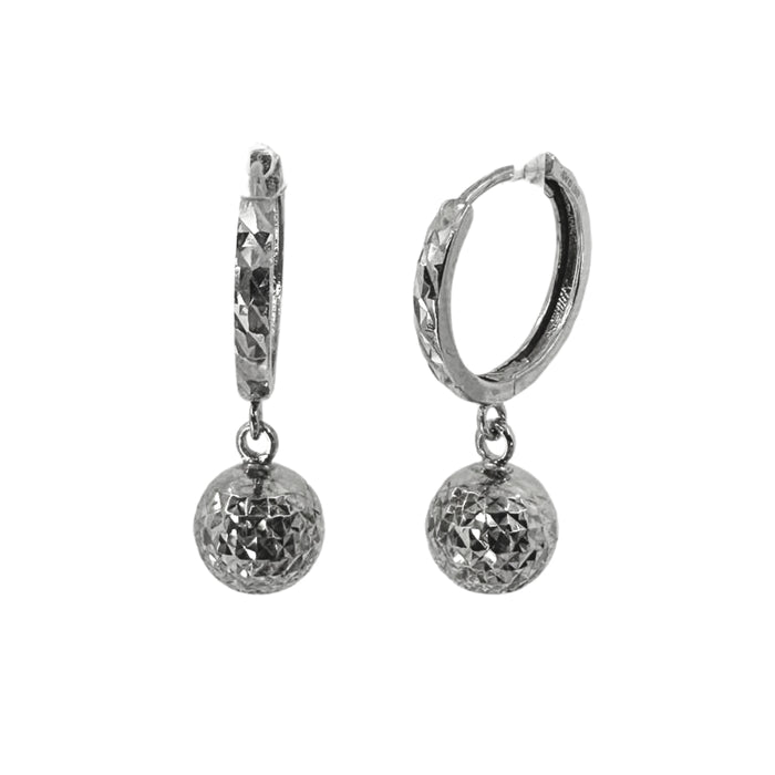 White Silver Diamond Cut Ball Huggy Hoops