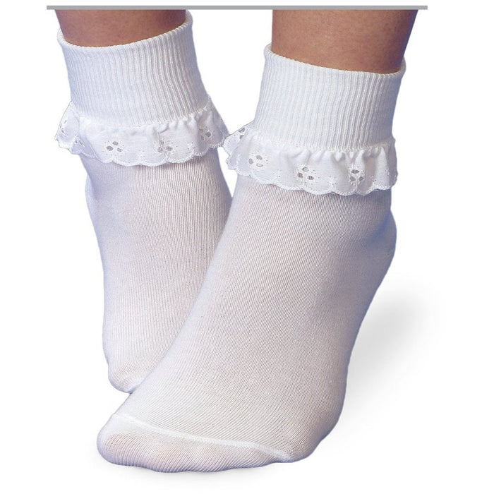 white socks with white eyelet trim on the cuff