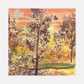 The artwork "Witnesses to the Fall" depicts a serene autumnal forest scene with tall, slender trees featuring intricate branches and leaves in shades of brown, orange, yellow, and green. The textured background blends warm, earthy tones suggesting a sunset sky, enhancing the natural, peaceful atmosphere. By Marlene Struss.