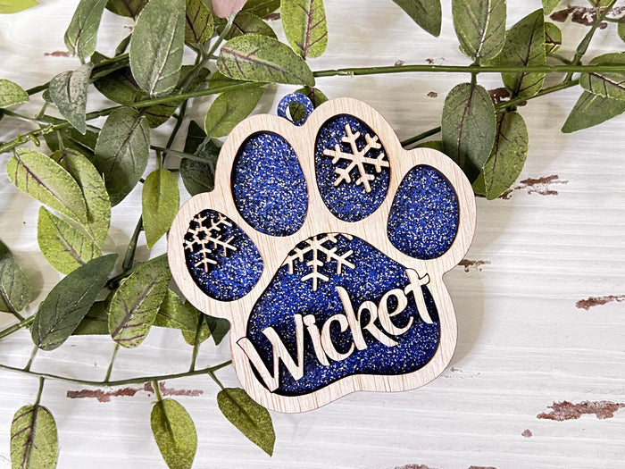 WOOD - Blue PAW pet custom layered ornament with wood and acrylic